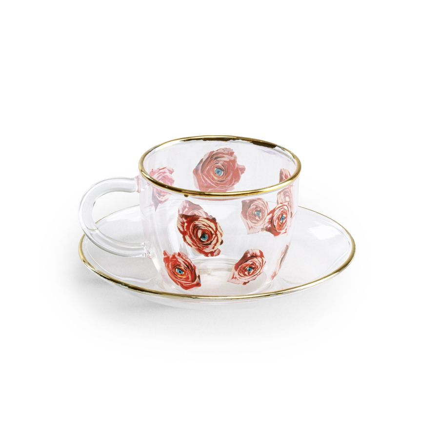 Borosilicate Glass coffee cup & saucer Roses by Seletti