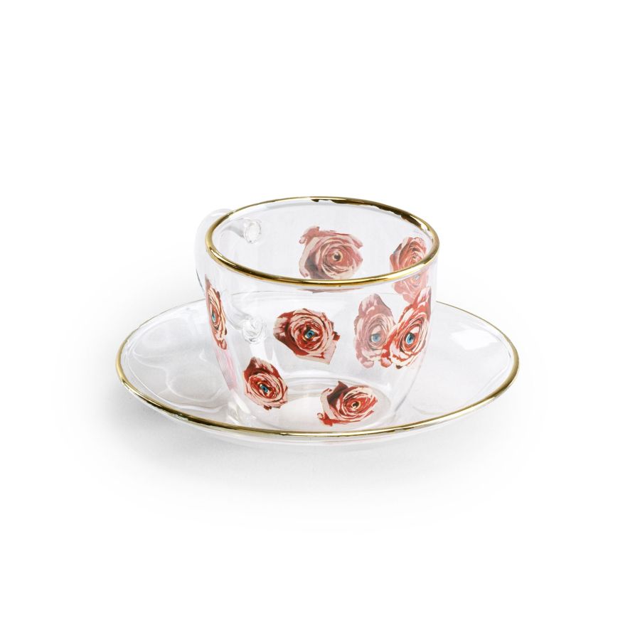 Borosilicate Glass coffee cup & saucer Roses by Seletti