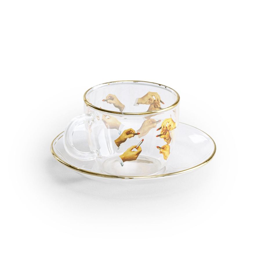 Borosilicate Glass coffee cup & saucer Lipsticks by Seletti