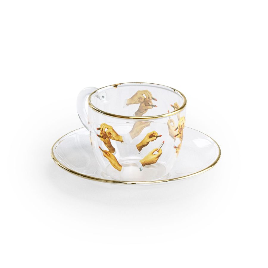 Borosilicate Glass coffee cup & saucer Lipsticks by Seletti