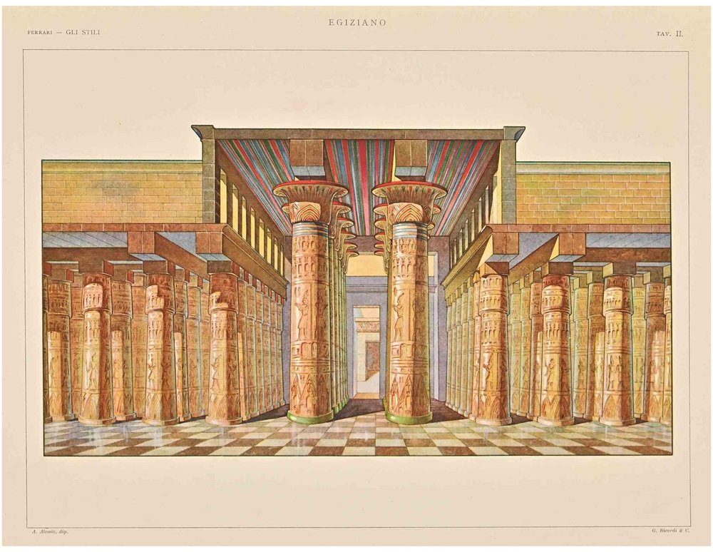 A. Alessio, Egyptian Temple, Chromolithograph, Early 20th Century