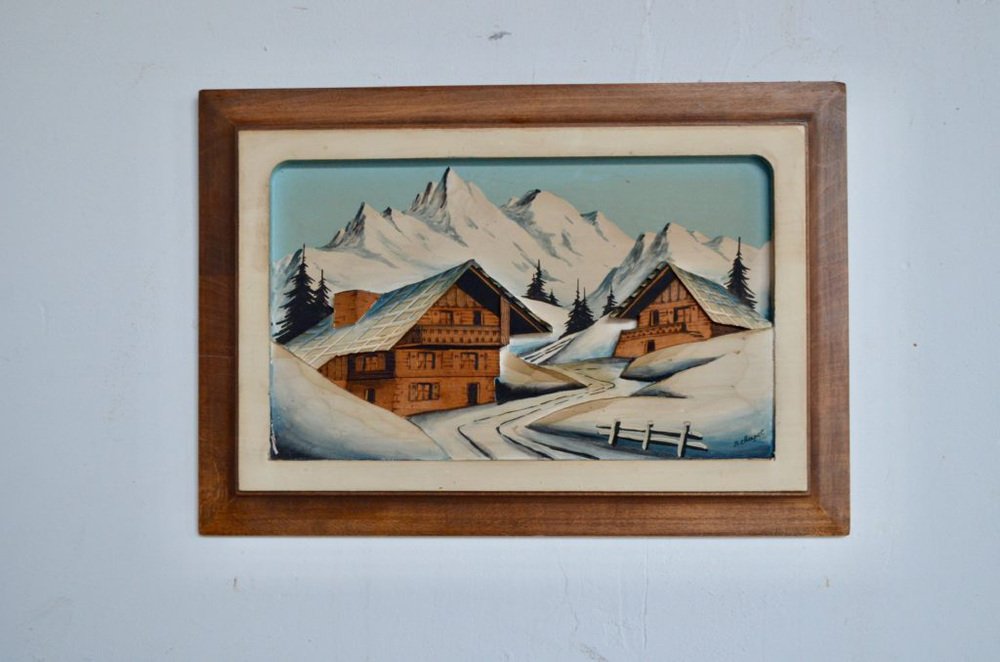 A. Chapel, Winter Landscape, Painted Relief on Wooden Panel, Framed