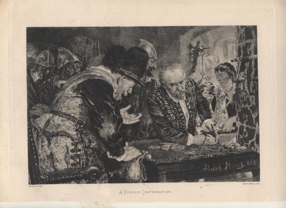 A Forced Contribution - Original Etching by A. Menzel - 1885 ca. 1885 ca.