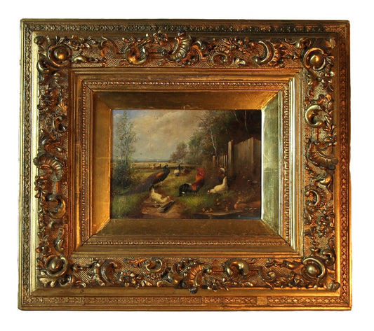 A. Hofmann, Poultry by the Pond, Early 19th Century, Oil on Wood, Framed