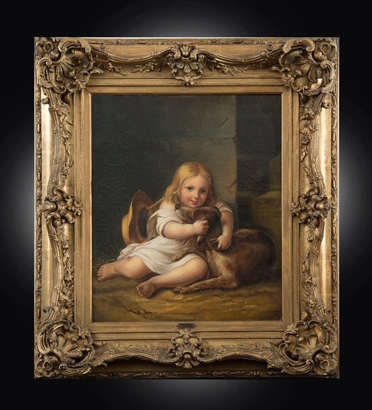 A. Lemoine, Little Girl with Dog, 19th Century, Oil on Canvas, Framed