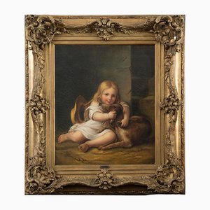 A. Lemoine, Little Girl with Dog, 19th Century, Oil on Canvas, Framed-KKK-1823306