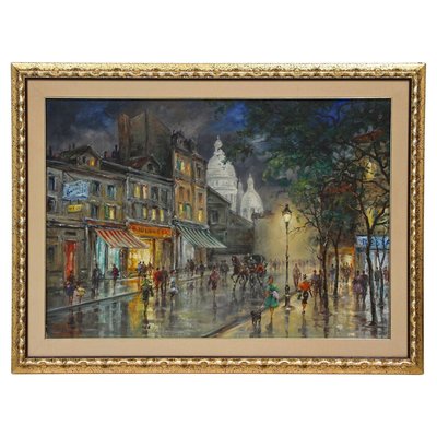 A Rainy Night in Montmartre, 20th Century, Oil Painting-TQA-2027476