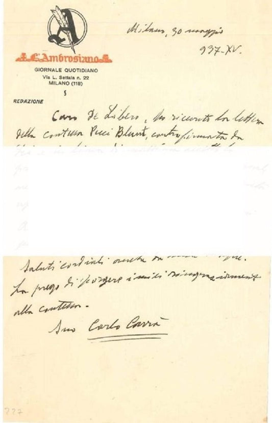 ''About the New York Exihibition''- Letter by C. Carrà to L. de Libero - 1937 1920 ca.