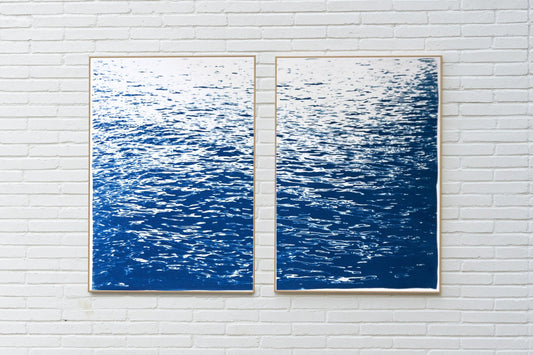 Abstract Large Seascape Diptych of Low Tide Nautical Cyanotype in Classic Blue, 2020