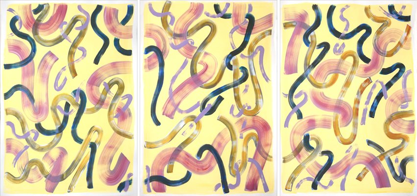 Abstract Painting Triptych of Eggshell Yellow Curls, 2021-RWC-979098