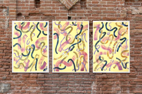 Abstract Painting Triptych of Eggshell Yellow Curls, 2021-RWC-979098