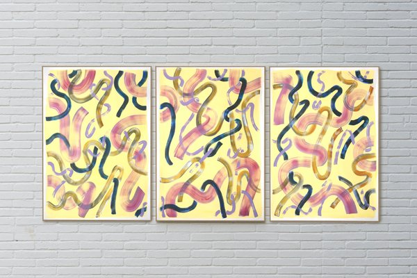 Abstract Painting Triptych of Eggshell Yellow Curls, 2021-RWC-979098