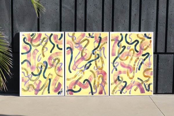 Abstract Painting Triptych of Eggshell Yellow Curls, 2021-RWC-979098