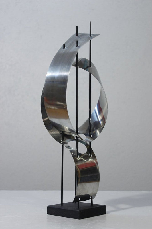 Abstract Space Age Sculpture in Sheet Metal on Wooden Base, 1970s