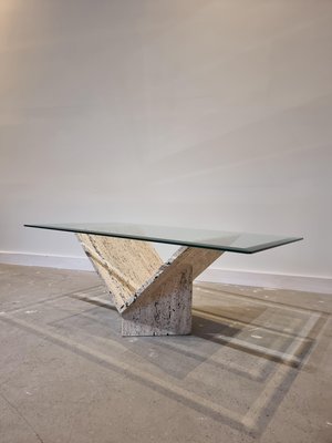 Abstract Travertine and Glass Coffee Table-GNW-1231699