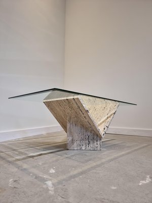 Abstract Travertine and Glass Coffee Table-GNW-1231699