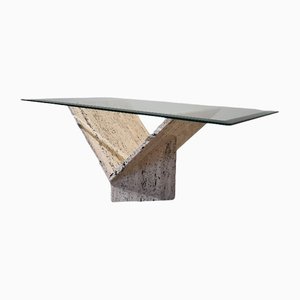 Abstract Travertine and Glass Coffee Table-GNW-1231699