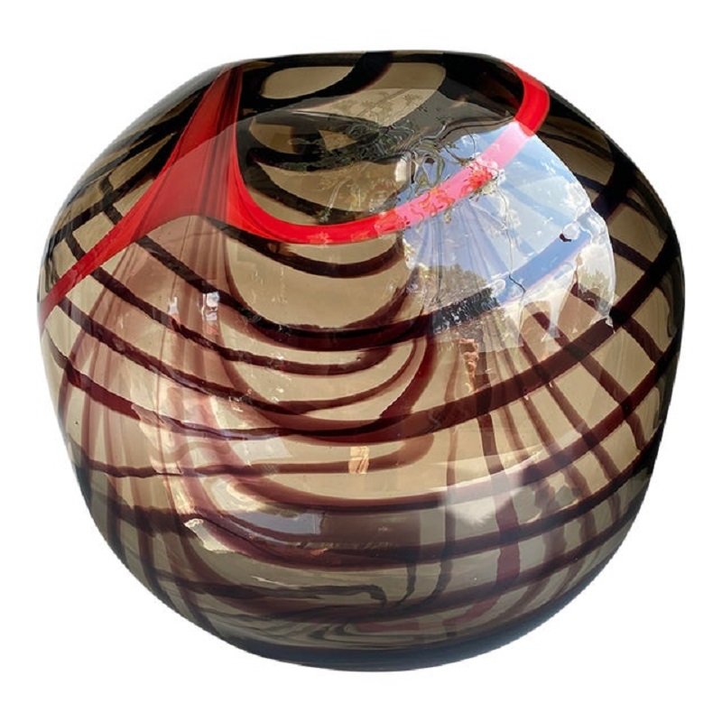 Abstract Vase in Fumè Murano Glass and Red Reeds by Simoeng