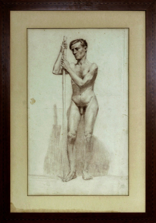 Academic Study of Male Nude with Stick, 1800s, Pencil on Paper, Framed