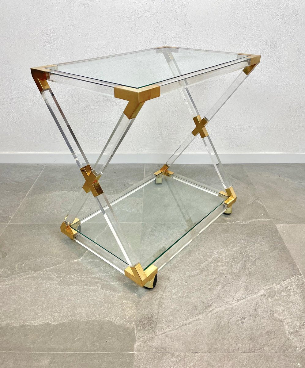 Acrylic Brass & Glass Serving Cart, Italy, 1970s