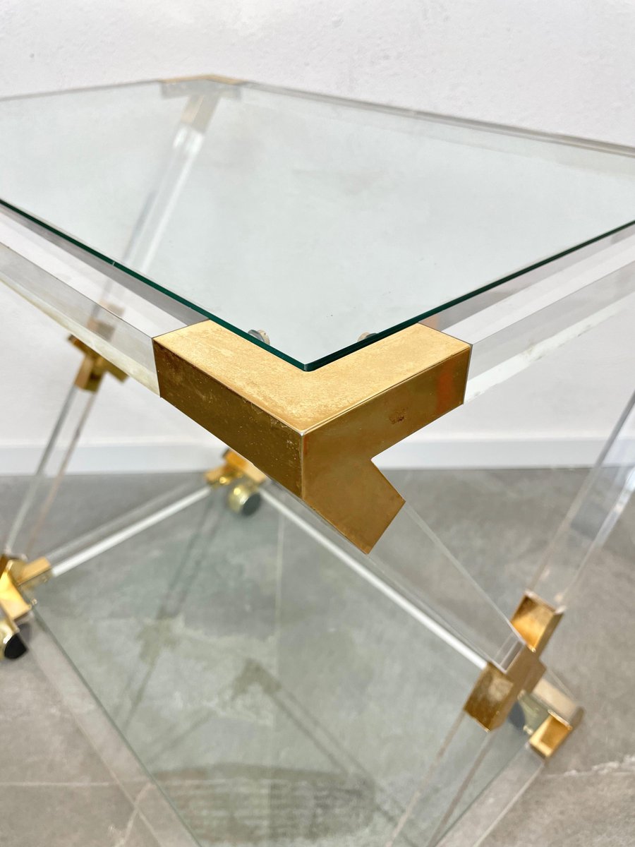 Acrylic Brass & Glass Serving Cart, Italy, 1970s