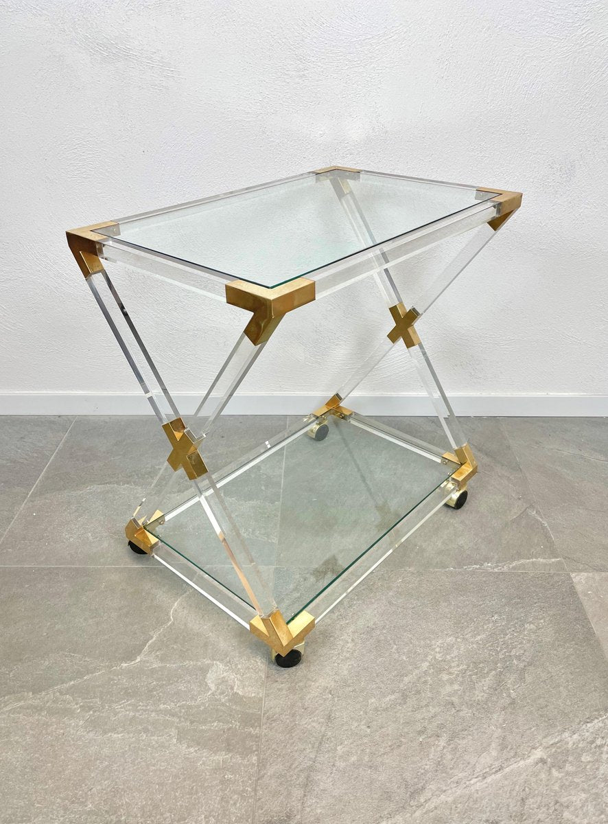 Acrylic Brass & Glass Serving Cart, Italy, 1970s