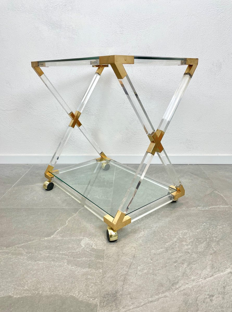 Acrylic Brass & Glass Serving Cart, Italy, 1970s