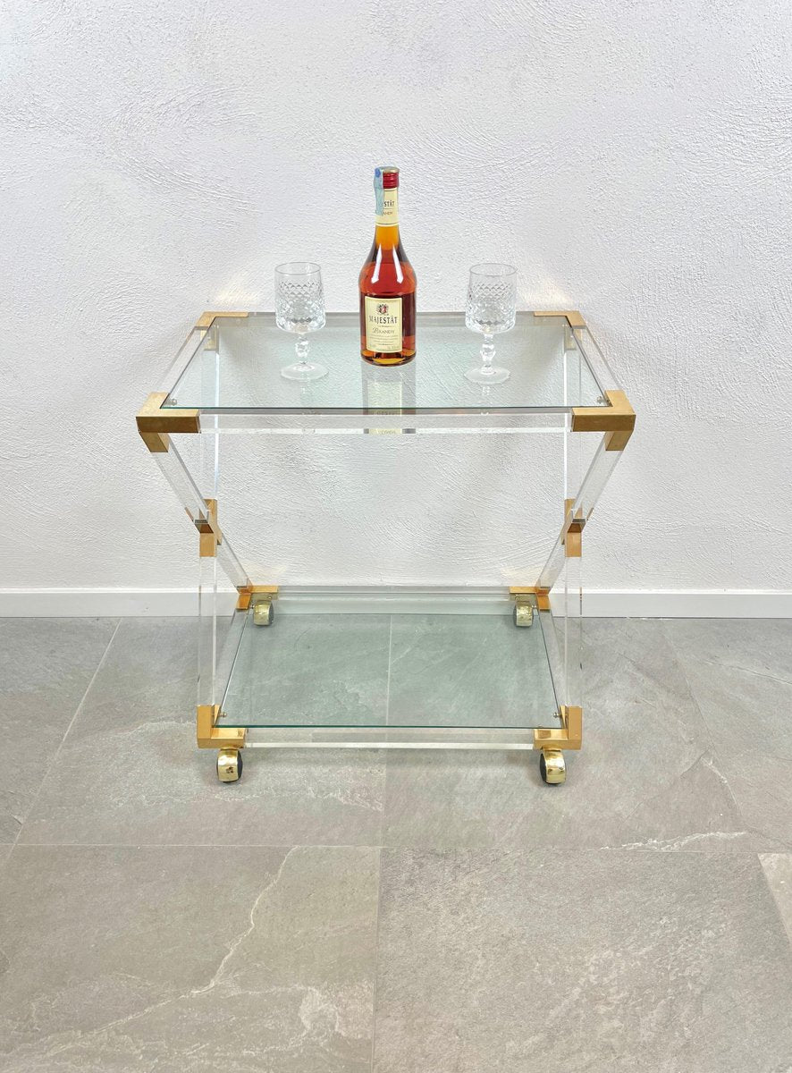 Acrylic Brass & Glass Serving Cart, Italy, 1970s