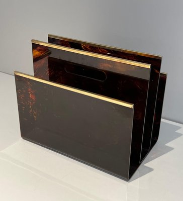 Acrylic Glass and Brass Magazine Rack, 1970s-BA-1691665