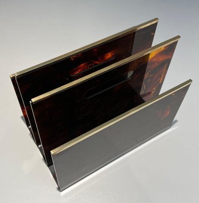 Acrylic Glass and Brass Magazine Rack, 1970s-BA-1691665