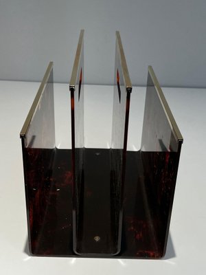 Acrylic Glass and Brass Magazine Rack, 1970s-BA-1691665