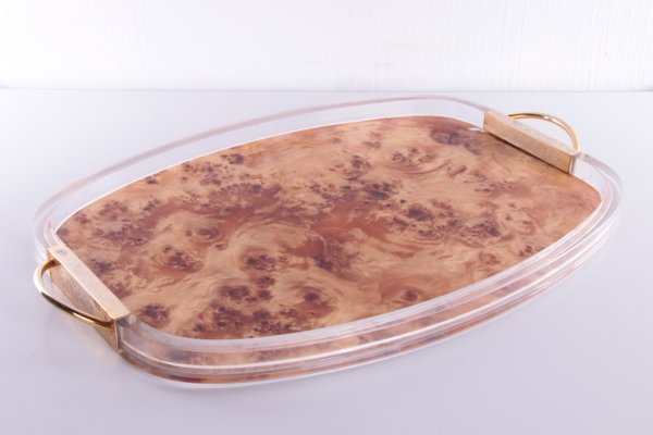 Acrylic Glass and Walnut Tray with Golden Handles by Aldo Tura, 1960s-EZZ-557995