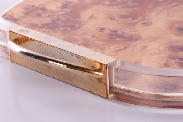 Acrylic Glass and Walnut Tray with Golden Handles by Aldo Tura, 1960s-EZZ-557995