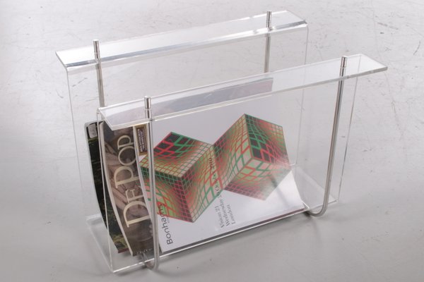 Acrylic Glass Magazine Rack with Metal Accents, 1970s-EZZ-1112825