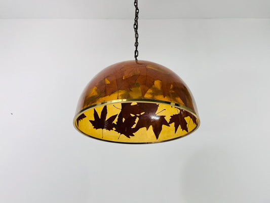 Acrylic Glass Pendant Lamp with Leaves and Brass Base, 1970s