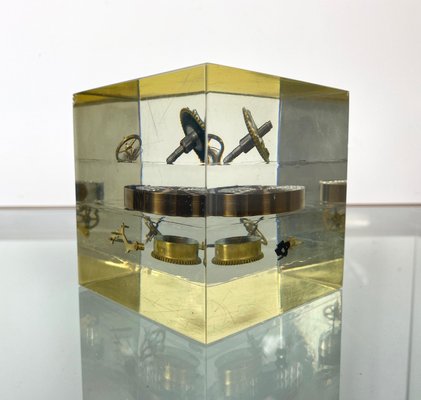 Acrylic Paperweight Cube Sculpture With Clock Parts by Pierre Giraudon, 1970s-LYQ-1171678