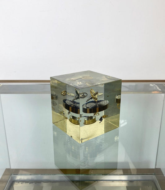 Acrylic Paperweight Cube Sculpture With Clock Parts by Pierre Giraudon, 1970s