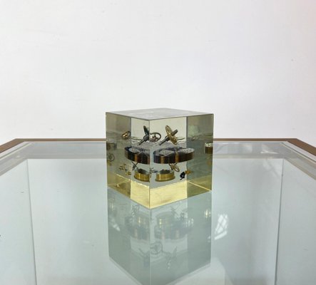 Acrylic Paperweight Cube Sculpture With Clock Parts by Pierre Giraudon, 1970s-LYQ-1171678