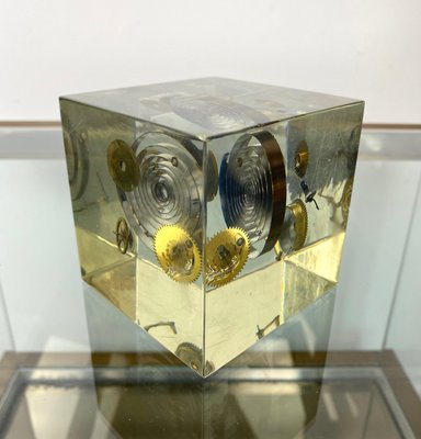 Acrylic Paperweight Cube Sculpture With Clock Parts by Pierre Giraudon, 1970s-LYQ-1171678