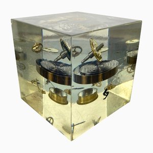 Acrylic Paperweight Cube Sculpture With Clock Parts by Pierre Giraudon, 1970s-LYQ-1171678