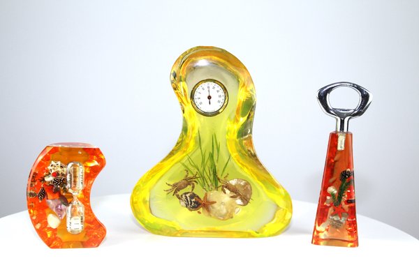 Acrylic Thermometer, Bottle Opener, and Hourglass Set, 1950s, Set of 3-ZWH-541270