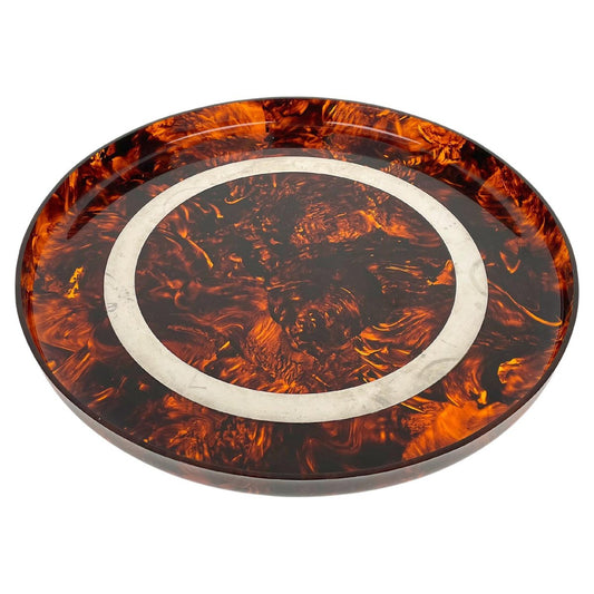 Acrylic Tortoiseshell & Steel Round Centerpiece Serving Tray by Christian Dior, Italy, 1970s