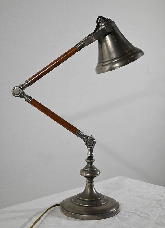 Adjustable Arm Table Lamp in Metal and Wood, 1920s