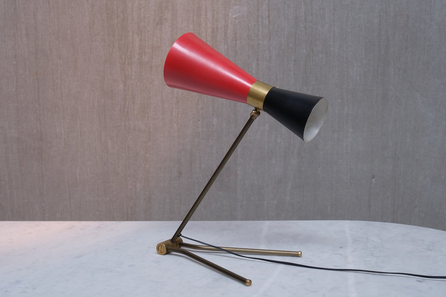 Adjustable Brass Desk Lamp in Black and Red Diabolo Shade from Stilnovo, Italy, 1950s