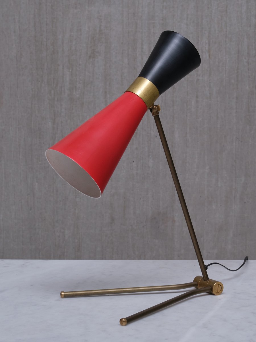 Adjustable Brass Desk Lamp in Black and Red Diabolo Shade from Stilnovo, Italy, 1950s