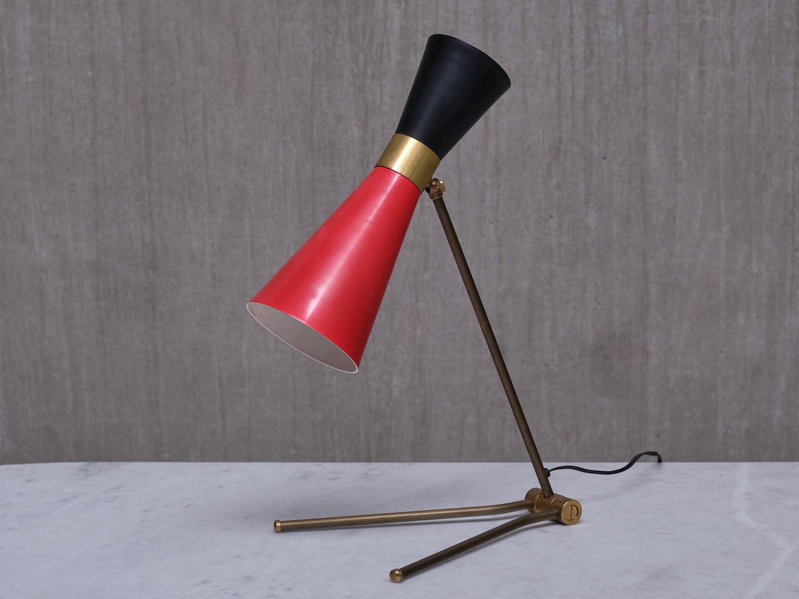 Adjustable Brass Desk Lamp in Black and Red Diabolo Shade from Stilnovo, Italy, 1950s