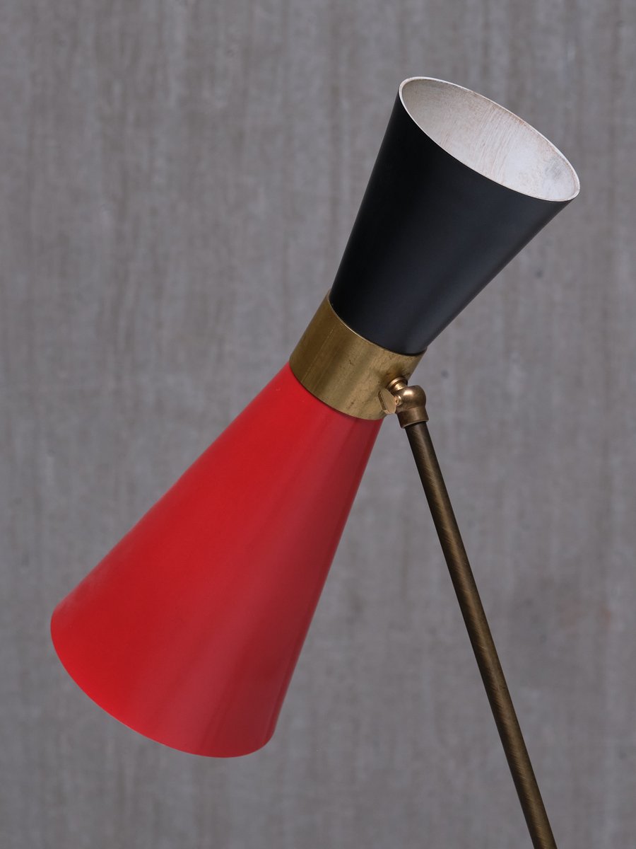 Adjustable Brass Desk Lamp in Black and Red Diabolo Shade from Stilnovo, Italy, 1950s