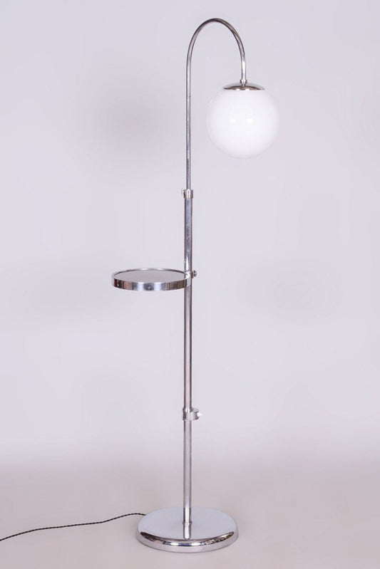 Adjustable Chrome Floor Lamp in Steel & Milk Glass C,zech, 1930s