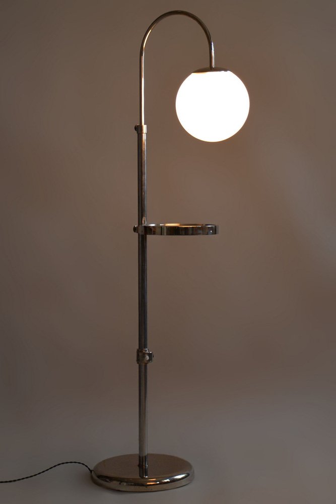 Adjustable Chrome Floor Lamp in Steel & Milk Glass, Czech, 1930s