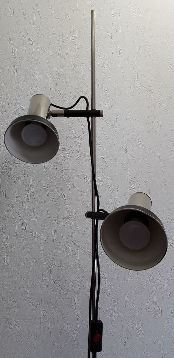 Adjustable Chrome-Plated Steel Tube 2-Light Spotlight with Black Plastic Mounting and Base, 1970s